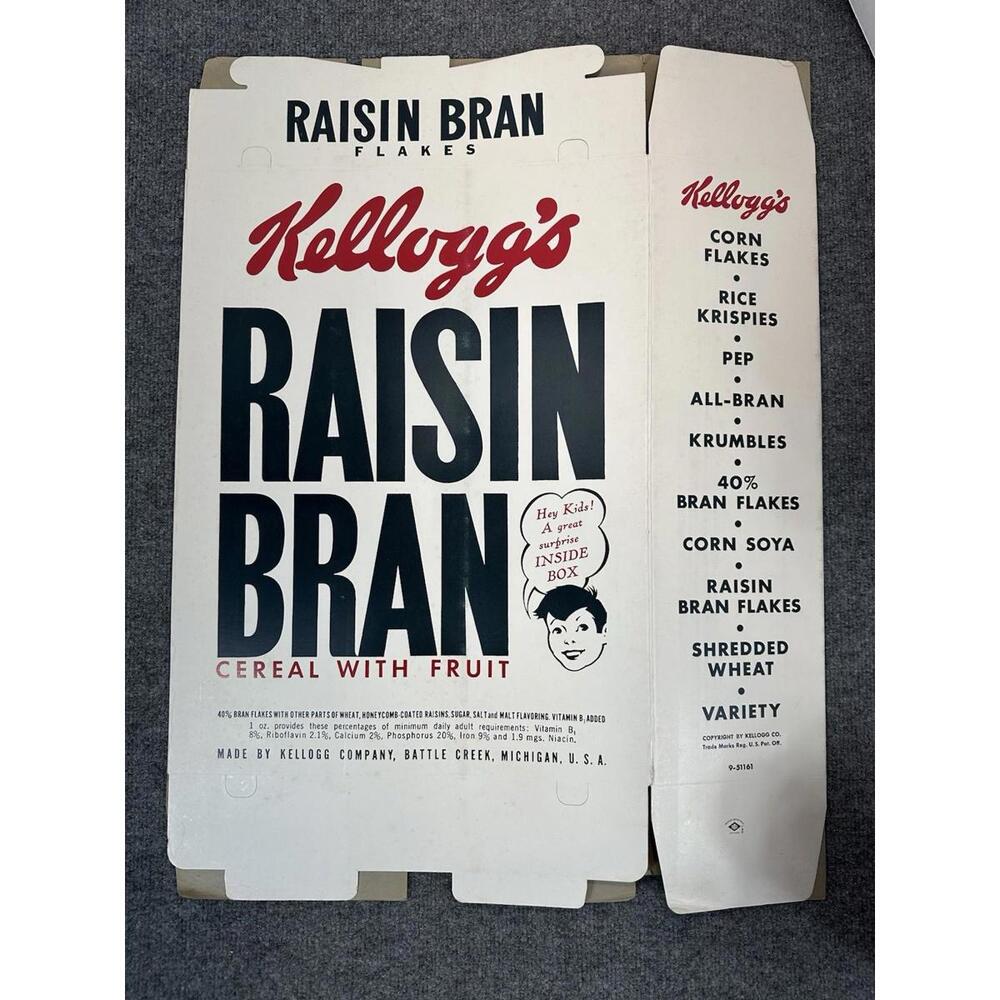 Vintage 1950s Era Kellogg’s Raisin Bran Corn Soya Giant Size Empty Cereal Box